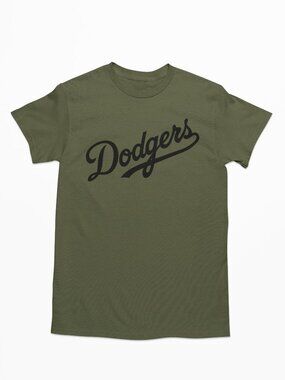 NEW Los Angeles Dodgers Script Home Wordmark Logo T-Shirt MILITARY ARMY GREEN